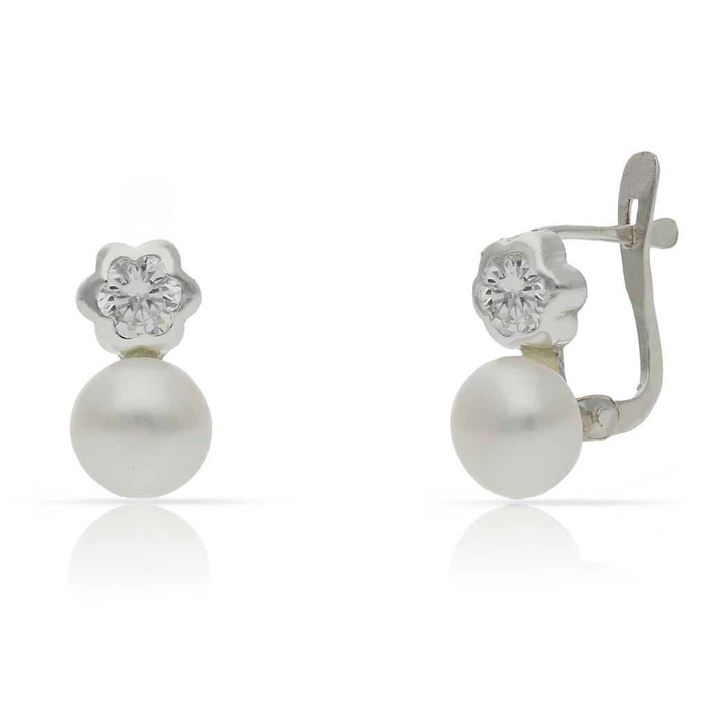 Pendientes plata de ley 925mm con perlas y circonita. 11.50mm Pendientes plata 925mm- perlas y circonita forma flor