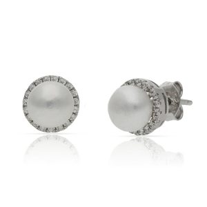 pendietes boton plata perla y cerco circonitas 9 mm