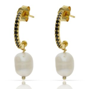 aros perlas + circonitas negras chapado oro