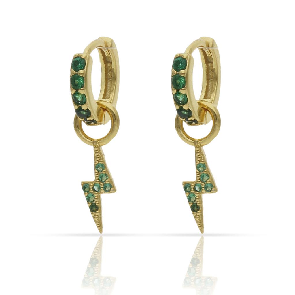Aros plata chapada oro rayo. 3mm aros rayo circonitas verdes chapado oro