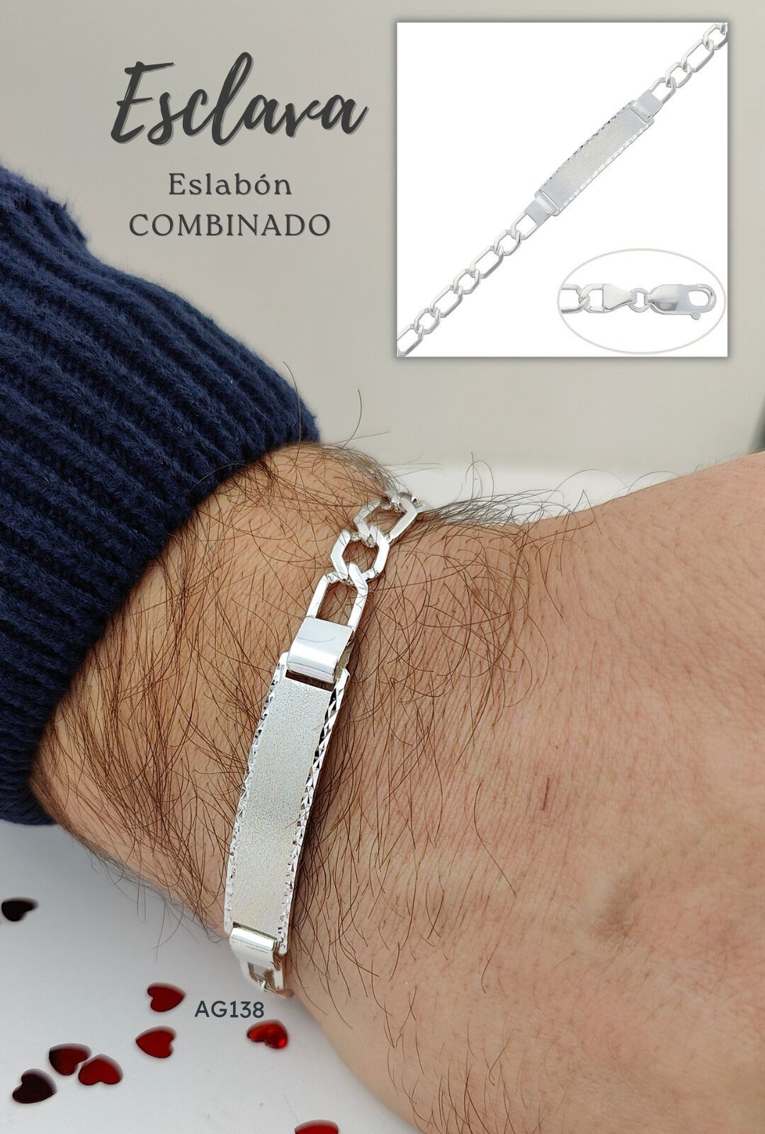 Pulsera plata 925. Eslabón 1x1. Placa Matizada. 6.50mm Esclaca plata placa matizada