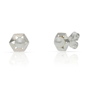 Pendientes hexagono plata 925 perlas. 7mm