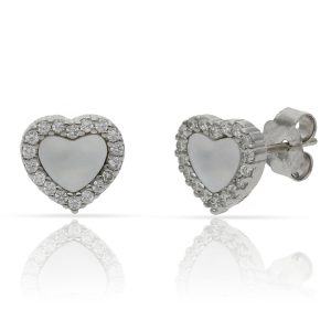 Pendientes plata corazón nacar circonitas. 8.50mm