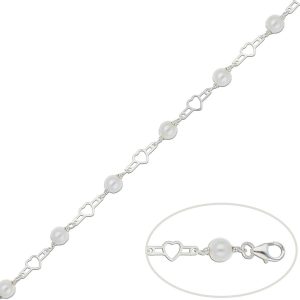 pulsera plata perlas y corazones 16.50cm