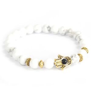 Pulsera piedra blanca y Hamsa dorado