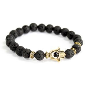 Pulsera piedra lava y hamsa dorado