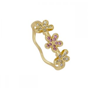 Anillo plata circonita 3 flores - Alhaja bañado oro
