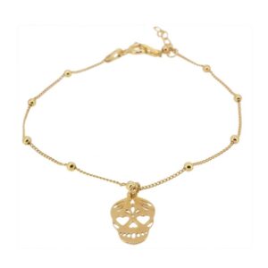 Pulsera bolas plata 925 colgante calavera bañada oro