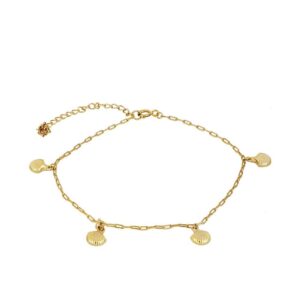 Tobillera plata 4 charms conchas 7x6mm bañada oro