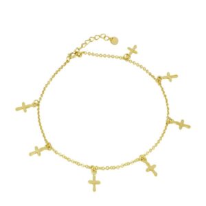 Tobillera plata mini charms cruz 10x6mm bañada oro