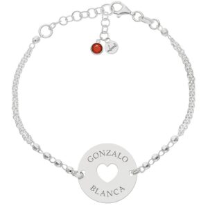 Pulsera plata medalla + corazón + 2 nombres