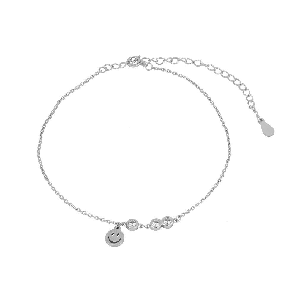Tobillera plata 925 mini charm smile y circonitas Tobillera plata 925 mini charm smile y circonitas rodiada