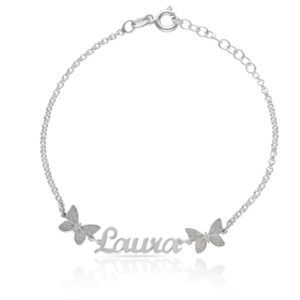 Pulsera plata personalizada letra inglesa y mariposa