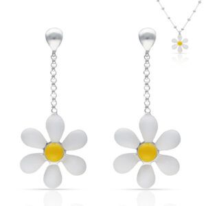 Pendientes plata flor Margaritas esmaltadas 13x30mm