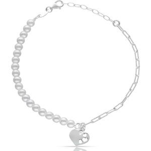 Pulsera eslabones plata perlas y colgante corazón
