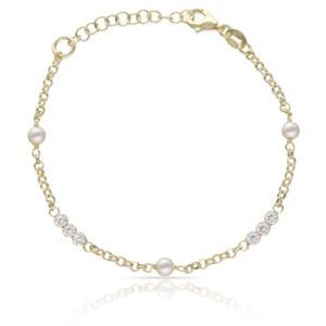 Pulsera plata chapada oro perlas y circonitas