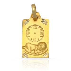 Medalla rectangular niño y reloj plata chapada oro