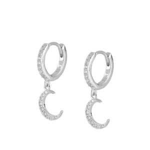 Pendiente aro circonitas plata charm luna rodiada