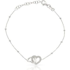 Pulsera bolitas plata 925 doble corazón entrelazados
