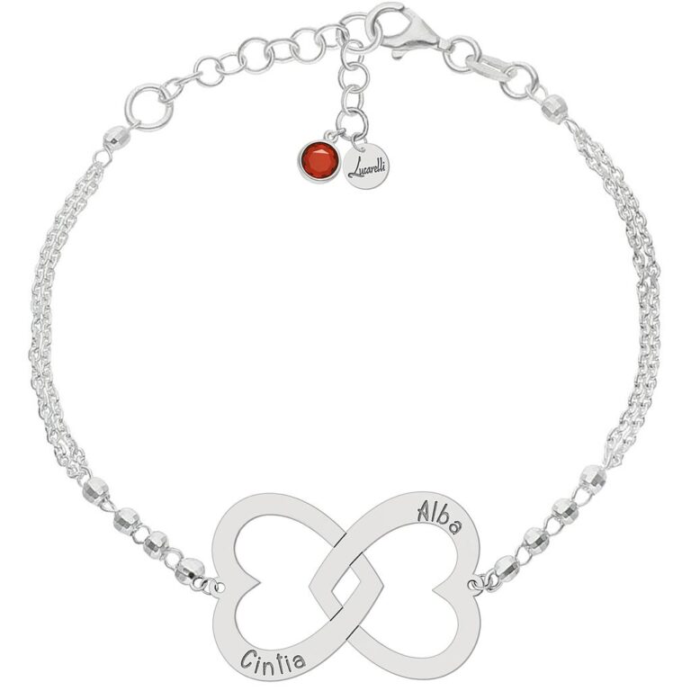 Pulseras de Plata 2026: 7 Tipos en Tendencia que Debes tener Pulsera plata 2 nombre y corazones entrelazados 768x768 1