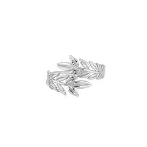 Anillo abierto ajustable plata ramas laurel rodiada