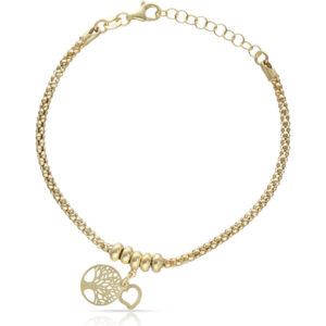 Pulsera plata colgante arbol vida + corazón baño oro
