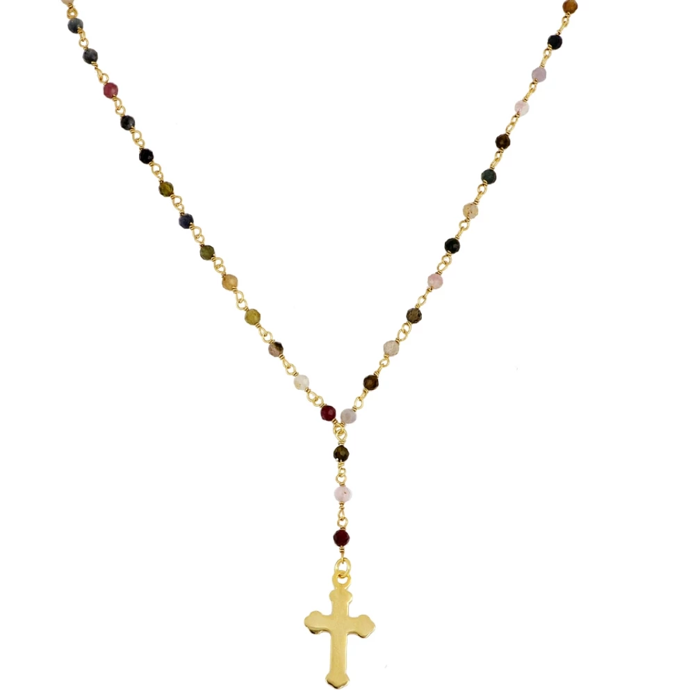 Gargantilla plata con piedras trumalinas y colgante cruz Collar plata con piedras trumalinas y colgante cruz bañado oro
