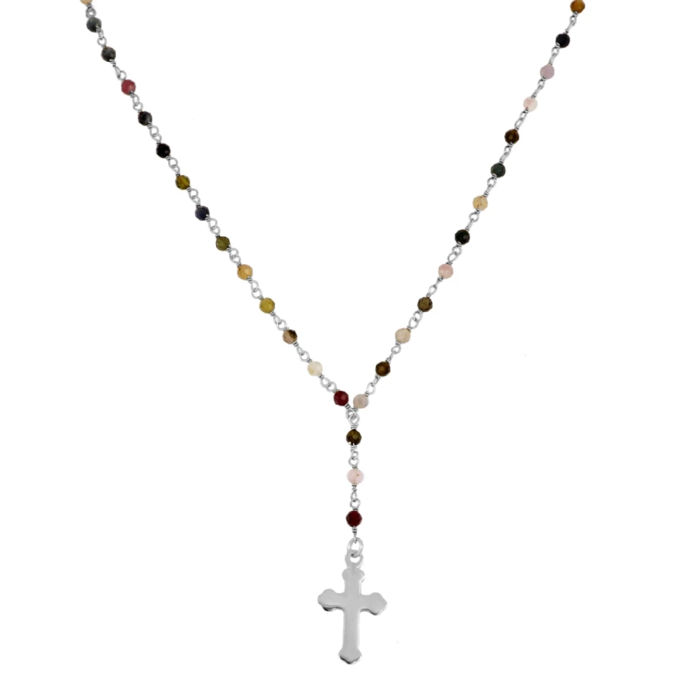 Gargantilla plata con piedras trumalinas y colgante cruz Collar plata con piedras trumalinas y colgante cruz rodio