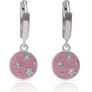 Pendientes aro plata abalorio estrellas y esmalte rosa