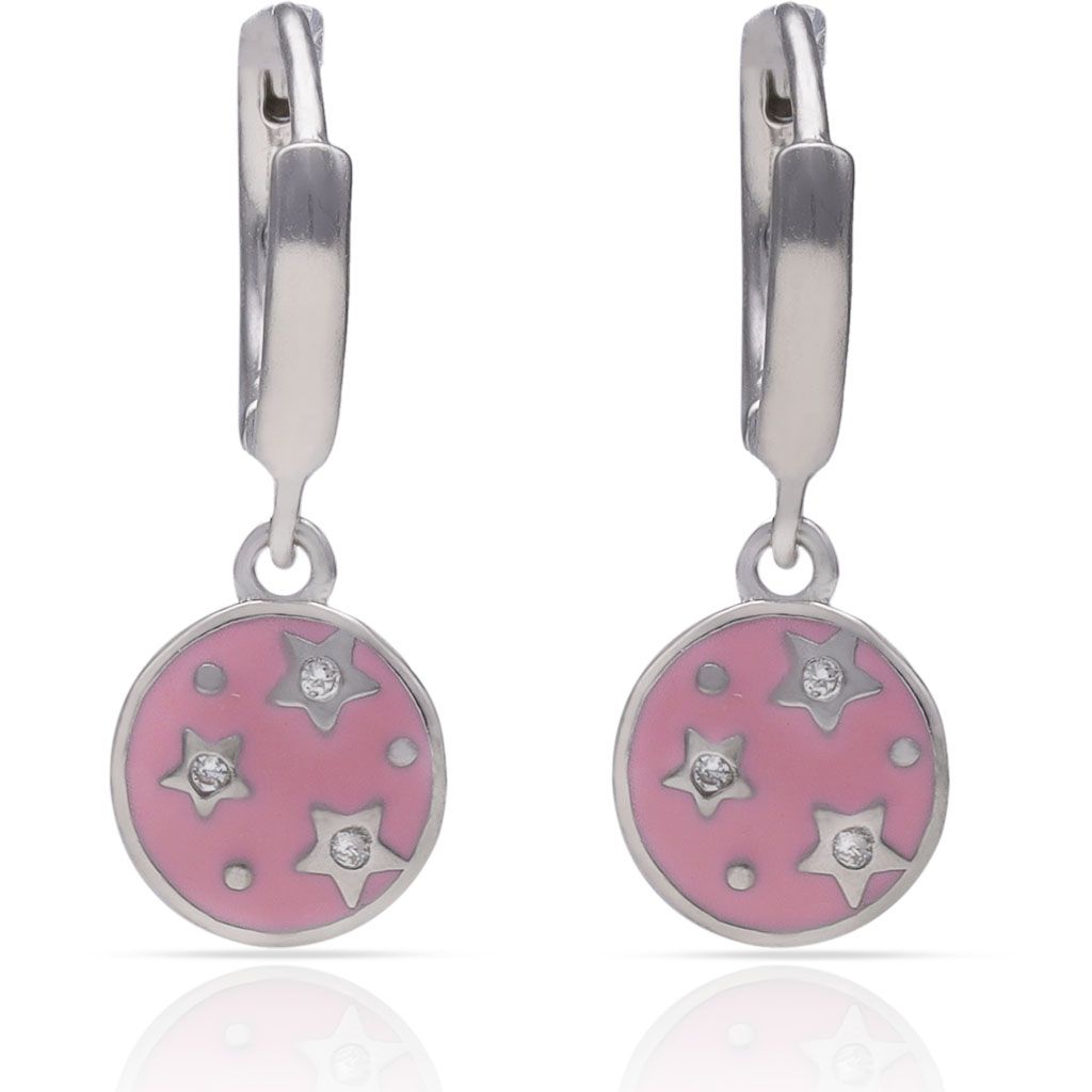 Pendientes aro plata abalorio estrellas y esmalte rosa Pendientes aro plata abalorio estrellas y esmalte rosa