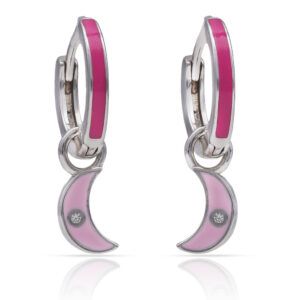 Pendientes aro plata charm luna y esmalatado rosa