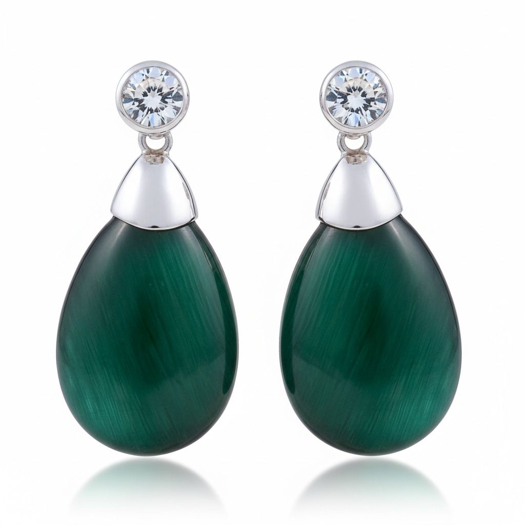 Pendientes gota plata 925 piedra ojo gato verde Pendientes gota plata 925 piedra ojo gato verde