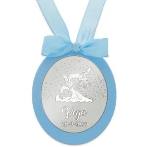 Medalla cuna ovalada personalizable Angel de la guarda plata azul
