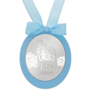 Medalla cuna ovalada personalizable plata Virge y niño azul Medalla cuna ovalada personalizable plata Virge y niño azul