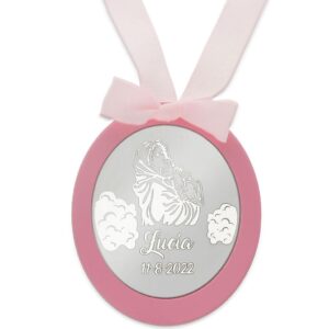 Medalla cuna ovalada personalizable plata Virge y niño rosa