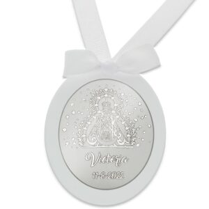 Medalla cuna ovalada personalizable plata Virgen cabeza blanco