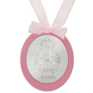 Medalla cuna ovalada personalizable plata Virgen cabeza rosa Medalla cuna ovalada personalizable plata Virgen cabeza rosa