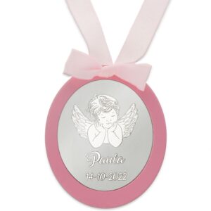 Medalla cuna ovalada personalizada plata angel guarda rosa Medalla cuna ovalada personalizada plata angel guarda rosa