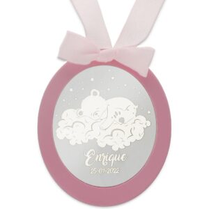 Medalla cuna personalizada plata oso nubes rosa