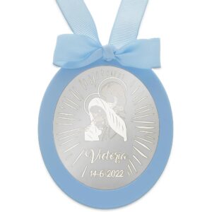 Medalla cuna plata ovalada personalizable sagrada familia azul