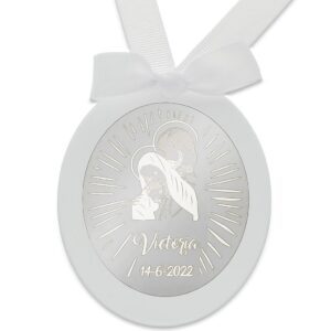 Medalla cuna plata ovalada personalizable sagrada familia blanco Medalla cuna plata ovalada personalizable sagrada familia blanco