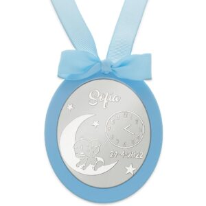 Medalla cuna plata personalizada elefante ovalada azul