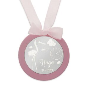 Medalla cuna redonda personalizable cigueña rosa