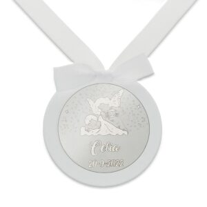 Medalla cuna redonda personalizada angel guarda plata azul Medalla cuna redonda personalizada angel guarda plata azul