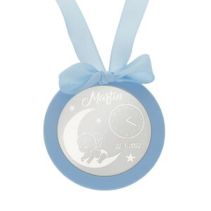 Medalla cuna redonda personalizada plata elefante azul Medalla cuna redonda personalizada plata elefante azul