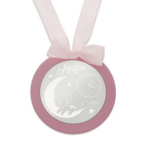 Medalla cuna redonda personalizada plata elefante rosa
