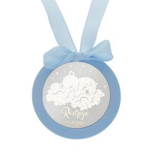 Medalla cuna redonda personalizada plata oso azul Medalla cuna redonda personalizada plata oso azul