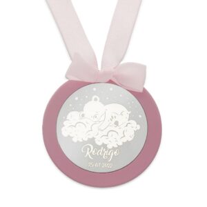 Medalla cuna redonda personalizada plata oso rosa