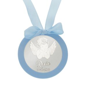 Medalla cuna redonda plata personalizada Angel azul Medalla cuna redonda plata personalizada Angel azul