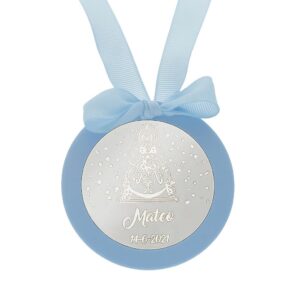 Medalla cuna personalizada redonda Virgen Rocio plata azul